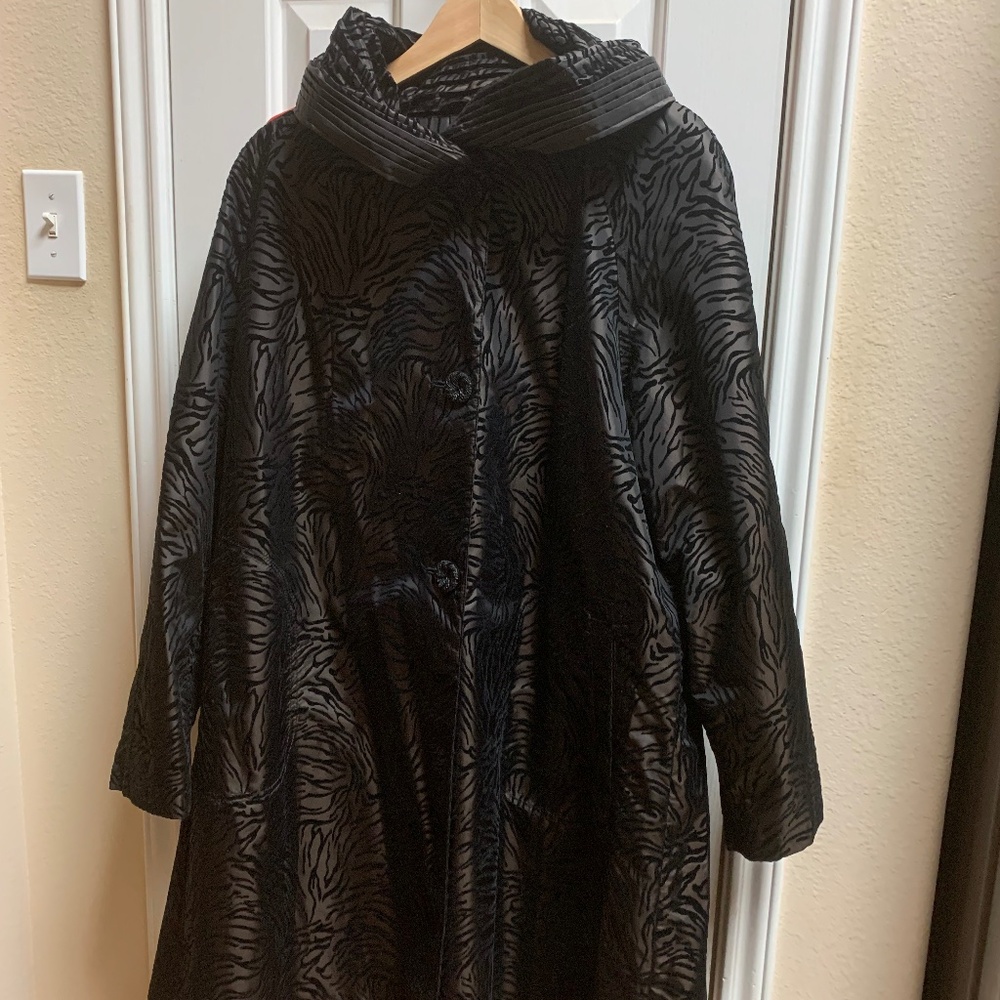 GALLERY BROWN W/BLK DESIGN Womens All Seasons Button Hooded Raincoat Large 35"